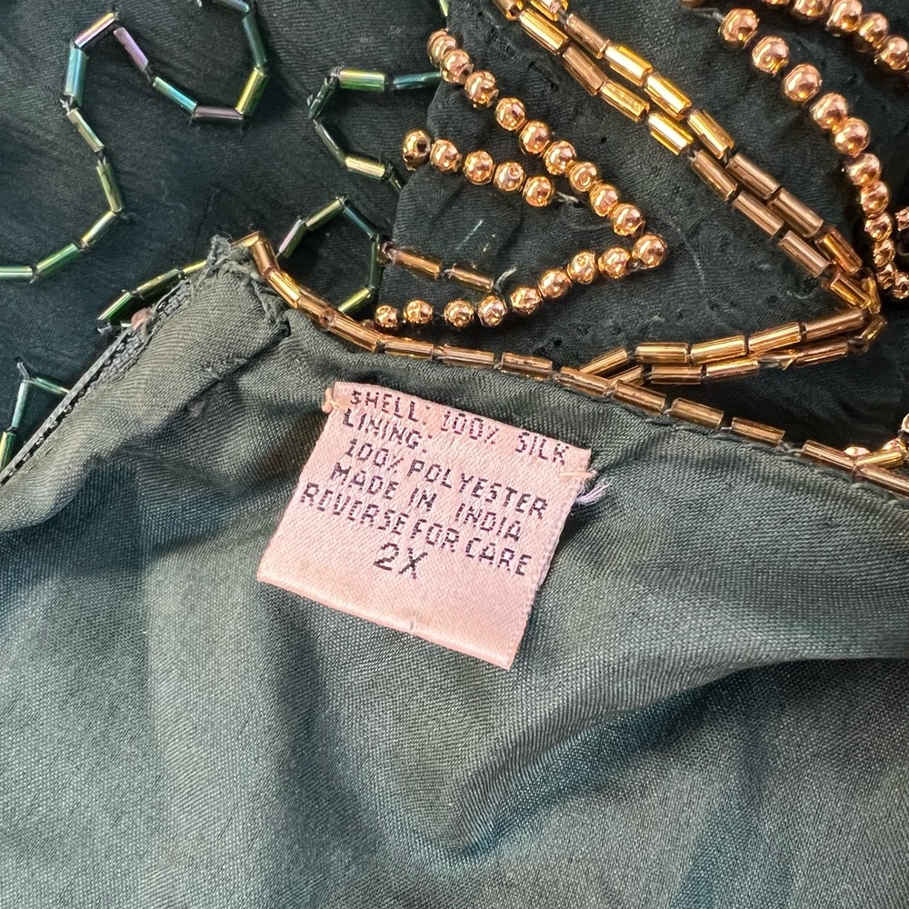 Vintage Green Silk Cap Sleeve Gold Sequins Beaded Long Gown 2X Dress Gown - Picture 7 of 7